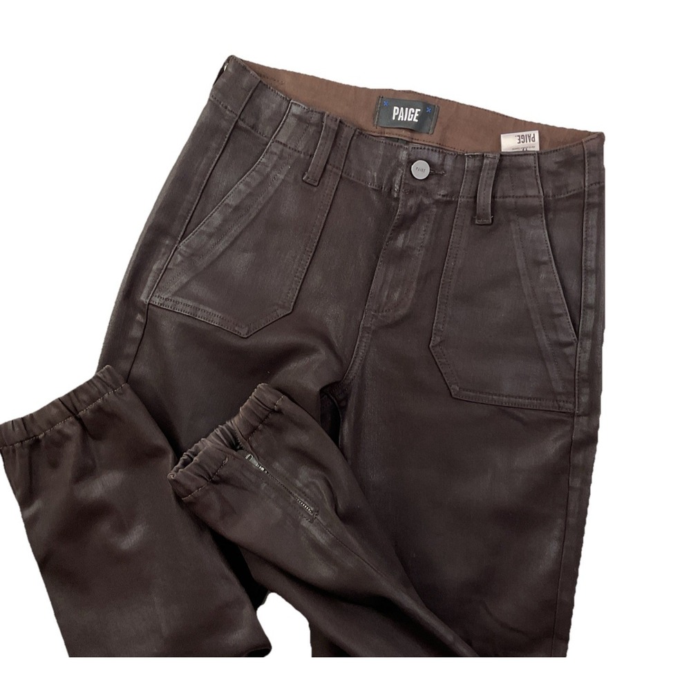 Paige Mayslie Coated Cargo Joggers Womens 26 Brown Luxe Utility Slim Biker Pants